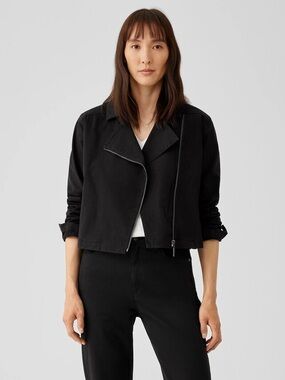NWT - EILEEN FISHER - Denim Notch Collar Jean Jacket in Black. Size: XS